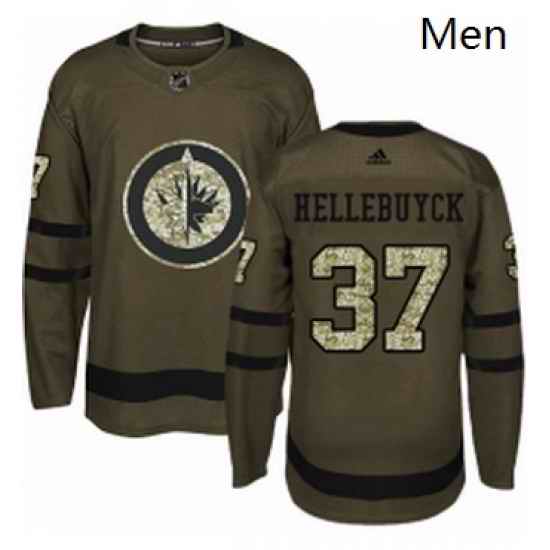 Mens Adidas Winnipeg Jets 37 Connor Hellebuyck Premier Green Salute to Service NHL Jersey